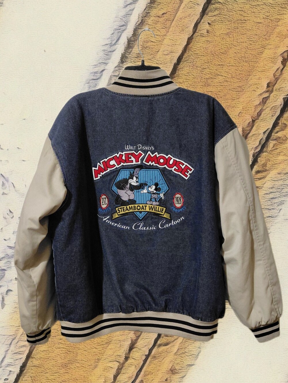 Disney Steamboat Willie Large Varsity Jacket Denim Great Condition Collectable